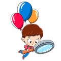 Boy with a magnifying glass flying with balloons