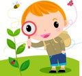 Boy with magnifying glass with lady bugs over