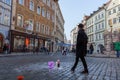 Boy makes big bubbles in city center Royalty Free Stock Photo