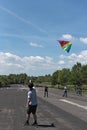 Boy makes a kite climb on the nature and recreation area. Old airfield in Frankfurt-Bonames