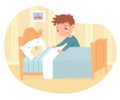 Boy making bed neat in bedroom. Kid helps at home with housework vector illustration. Modern room interior design with
