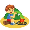 Boy Making Campfire And Baking Marshmallow Royalty Free Stock Photo