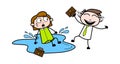 Boy Making Fun with a Girl After Pushed Her in Water - Office Businessman Employee Cartoon Vector Illustration