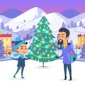 Boy and Man with Present in Hand on Urban Icerink Royalty Free Stock Photo