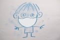 Boy with medical face mask iIllustration made like a childÃ¢â¬â¢s crayon drawing on paper