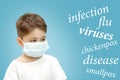 Boy in the medical mask on his face next to the name of diseases on isolated background Royalty Free Stock Photo