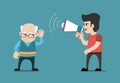 Boy with megaphone and hard of hearing old man. Concept for hearing loss.