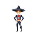 Boy in Mexican national suit. Kid wearing blue sombrero and costume with embroidery. Flat vector design