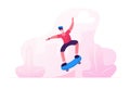 Boy in Modern Clothing, Cap and Medical Mask Jumping on Skateboard. Skateboarder Male Character Outdoors Activity