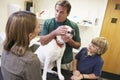 Boy And Mother Taking Dog For Examination By Vet Royalty Free Stock Photo