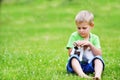 Boy with motley cat Royalty Free Stock Photo
