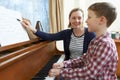 Boy With Music Teacher Having Lesson At Piano Royalty Free Stock Photo