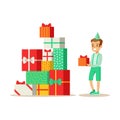 Boy Next To Giant Pile Of Presents , Kids Birthday Party Scene With Cartoon Smiling Character Royalty Free Stock Photo