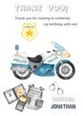 Watercolor card thank you with boy officer Police party