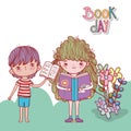 Boy with open book and girl reading fantasy book flowers nature outdoors