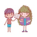 Boy with open book and girl reading fantasy book isolated design