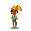 Boy With Open Umbrella Standing Under Raindrops, Kid In Autumn Clothes In Fall Season Enjoyingn Rain And Rainy Weather Royalty Free Stock Photo