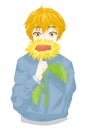 Boy orange hair with sunflower in front of his mouth used blue gray jacket