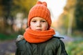 Boy in orange hat and scarf in Park in autumn