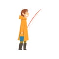 Boy in Orange Raincoat with Fishing Rod and Bucket, Little Fisherman Cartoon Character Vector Illustration