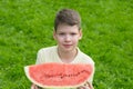 Boy, outdoors, on a background of green grass, holds in his hands a sweet piece of watermelon