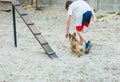 The boy owner of french bulldog trains the dog in the park. Dog training with teenager and bulldog outdoor. Still life, love Royalty Free Stock Photo