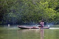 A boy paddles his outrigger canoe on the Madu River in Sri Lanka. Royalty Free Stock Photo