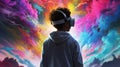 Boy painting in AI Metaverse world. Thousands of colorful flowers on colorf. Generative AI Royalty Free Stock Photo