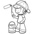 Child painting. Boy holding a paint roller and bucket. Vector black and white coloring page.