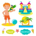 Boy, Parrot, Bouncy Castle And Palms. Set Vacation, Tourism Icons And Balloons With Text: Vacation, Travel.