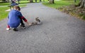 Boy on path in Boston public garden reaching out to squirrel Royalty Free Stock Photo