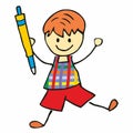 Boy with pen, school child, one person on white background, colour picture