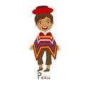 Boy In Peru Country National Clothes, Wearing Poncho Traditional For The Nation