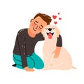 Boy pet love. Kid and dog vector illustration, children puppy friend, pup animal owner happy child cartoon vector