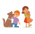 Boy petting happy brown dog and girl holding ginger cat, both kids smiling. Joyful pet ownership and children with