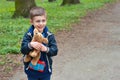 Boy photographer holds toy puppy Royalty Free Stock Photo