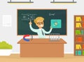 Boy Physicist Scientist Character Explaining Molecular Formula at Blackboard at Lesson Cartoon Vector Illustration
