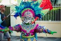 Boy in pied elephant costume poses for photo on city street at dominican carnival
