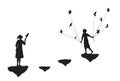 Boy with pigeons come to the girl standing on flying rock, black and white, date in dreamland, Royalty Free Stock Photo