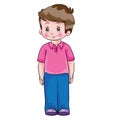 a boy in a pink t-shirt stands at attention, cartoon illustration, isolated object on white color, vector illustration