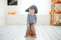 Boy in a pirate costume celebrates Halloween at home. Royalty Free Stock Photo