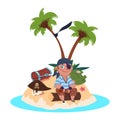 Boy pirate sits on treasure island - cartoon character vector illustration Royalty Free Stock Photo