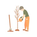 Boy planted tree and watering it. Vector hand drawn