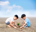 Boy planting on crack soil