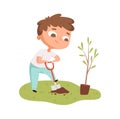 Boy planting tree. Toddler digging hole, cartoon baby plant growing and botany. Save the planet environment vector
