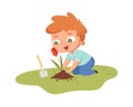 Boy planting tulip. Young guy with garden tool caring flower. Isolated cartoon little male gardening hobbies vector Royalty Free Stock Photo