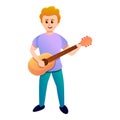 Boy play guitar song icon, cartoon style