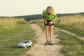 Boy played with a radio-controlled car Royalty Free Stock Photo