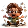 Whimsical Chaos: A Cartoon Kid Amidst A Paper Storm