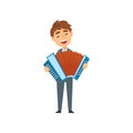 Boy Playing Accordion, Talented Young Accordionist Character Playing Acoustic Musical Instrument at Concert Vector Royalty Free Stock Photo